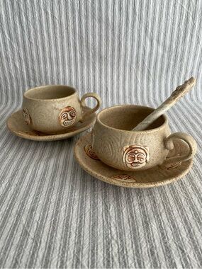 Vtg Studio Pottery Totem Face Cup Saucer Set Speckled Stoneware Handmade #788